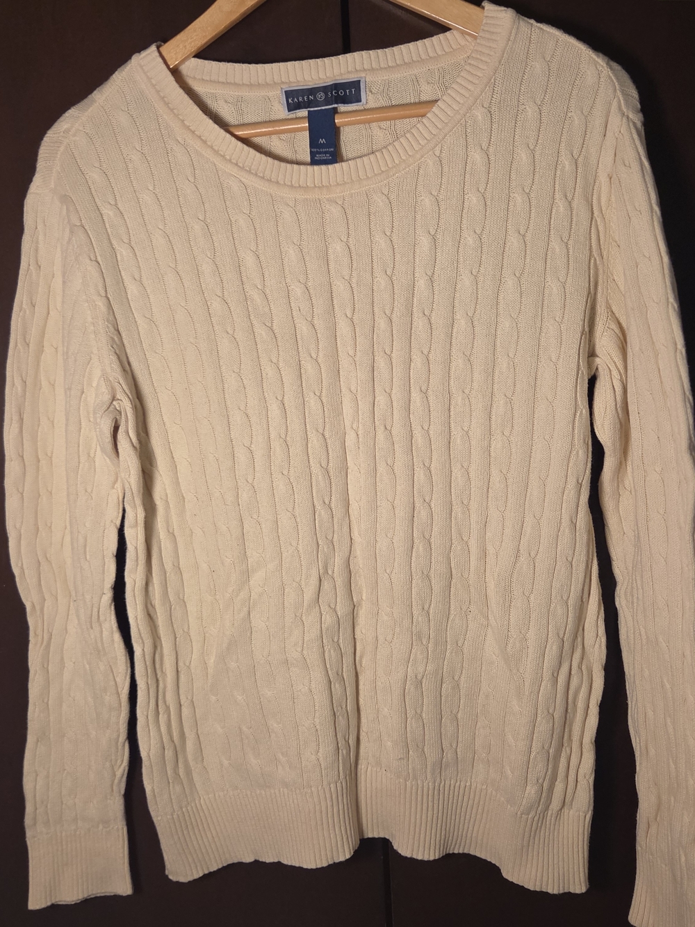 Karen Scott Cream Cable-Knit Crewneck Sweater Women Size Medium
